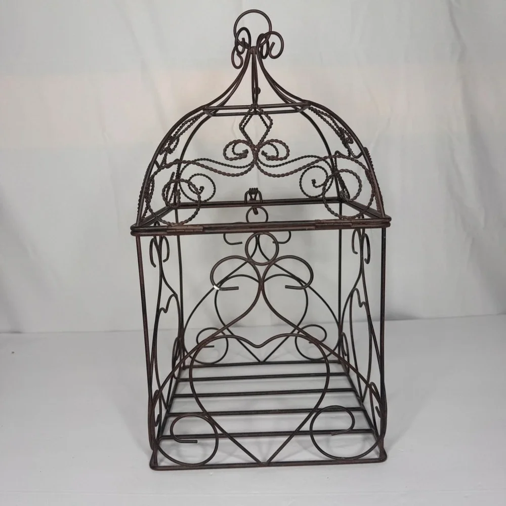 Vintage Cottagecore Bronze Wire Decorative Birdcage Heart Scrollwork Decor 13 in